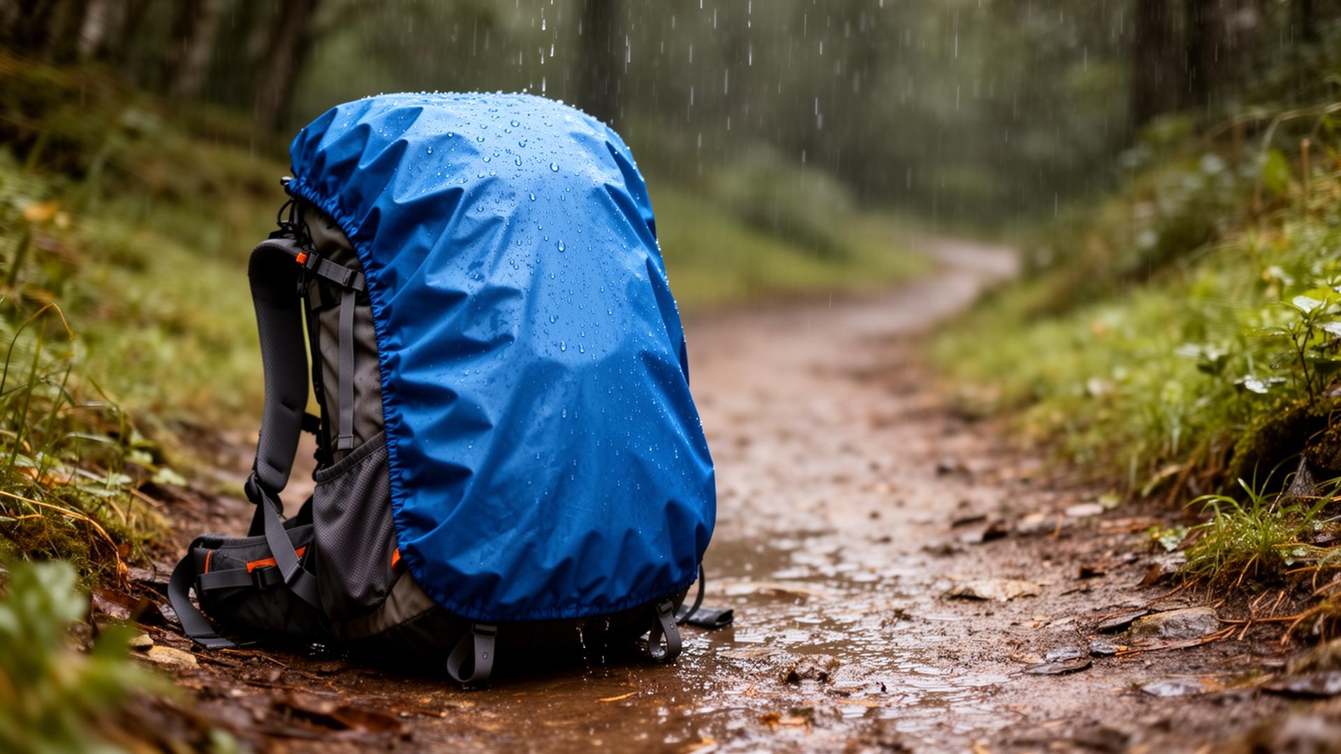Waterproof backpack cover on a rainy trail