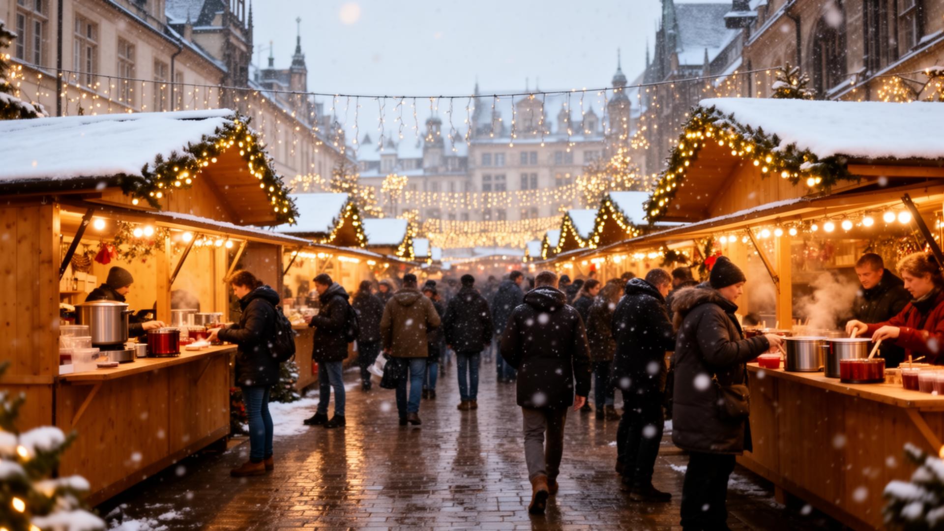 European Christmas market with snow