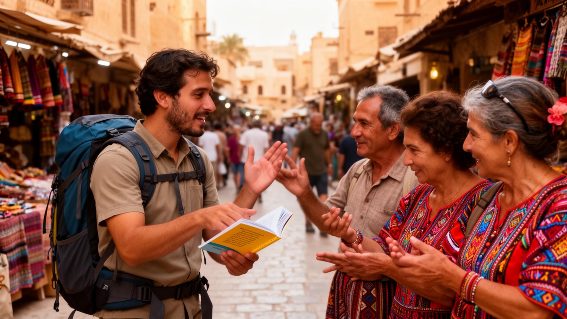 Traveller communicating with locals using phrase book