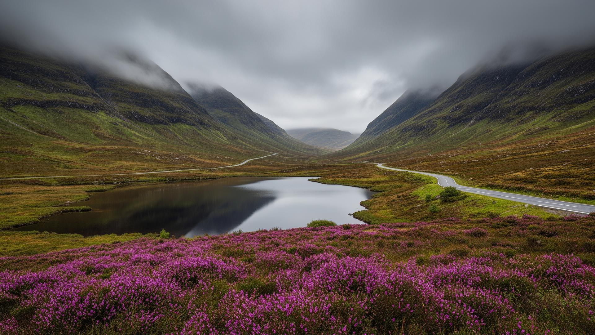 Scottish Highlands with loch and heather